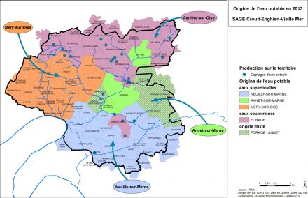 Carte de l'origine de l'eau potable sur le territoire du SAGE CEVM